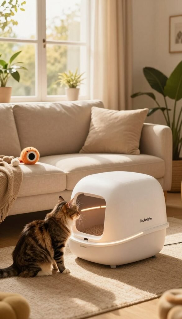 A cozy living room featuring a sleek, modern self-cleaning litter box by TechKiste. In the foreground, a fluffy tabby cat curiously inspects its high-tech, compact litter box with soft glowing lights. The middle ground includes a stylish, contemporary couch adorned with plush cushions and a few playful cat toys scattered around. In the background, a large window lets in warm, golden sunlight, illuminating the room with a soft, inviting glow. Potted plants add a touch of greenery, enhancing the natural feel of the space. The overall atmosphere is serene and homey, capturing a perfect blend of technology and comfort in a pet-friendly environment.