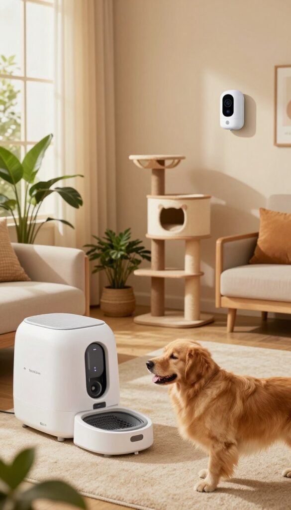 A cozy living room featuring various smart home devices for pets, showcasing modern and stylish gadgets. In the foreground, a playful golden retriever interacts with a smart pet feeder, while a sleek automatic litter box is positioned nearby. In the middle ground, a stylish cat tree with integrated smart features can be seen, and a wall-mounted camera monitors their activities. The background features warm, inviting lighting from a window, casting a soft glow over the room filled with lush plants and contemporary furniture. The atmosphere should feel warm and homey, inspired by Pinterest aesthetics, emphasizing a harmonious integration of technology and pet care. The image should reflect a lifestyle that combines comfort and innovation, branded as "TechKiste."