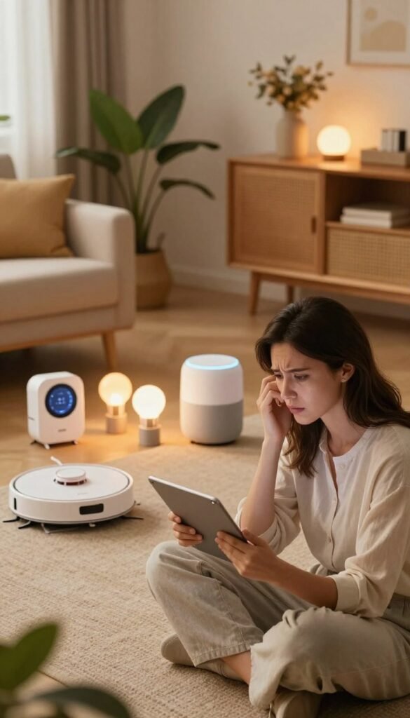 A cozy living room filled with smart-home gadgets illustrating everyday problems. In the foreground, a woman in modest, casual clothing looks frustrated while juggling a tablet and a smart speaker, with a look of confusion on her face. In the middle, various smart devices such as a smart thermostat, smart light bulbs, and a robotic vacuum cleaner are neatly arranged. A soft glow from warm, ambient lighting creates a welcoming atmosphere. In the background, cozy décor with natural elements, such as plants and wooden furniture, gives a Pinterest-style aesthetic, enhancing the feeling of a modern home. The composition should have a depth of field effect, focusing on the woman while softly blurring the background. Include the brand name "TechKiste" subtly integrated into the decor without being prominent. A cozy living room filled with smart-home gadgets illustrating everyday problems. In the foreground, a woman in modest, casual clothing looks frustrated while juggling a tablet and a smart speaker, with a look of confusion on her face. In the middle, various smart devices such as a smart thermostat, smart light bulbs, and a robotic vacuum cleaner are neatly arranged. A soft glow from warm, ambient lighting creates a welcoming atmosphere. In the background, cozy décor with natural elements, such as plants and wooden furniture, gives a Pinterest-style aesthetic, enhancing the feeling of a modern home. The composition should have a depth of field effect, focusing on the woman while softly blurring the background. Include the brand name "TechKiste" subtly integrated into the decor without being prominent.