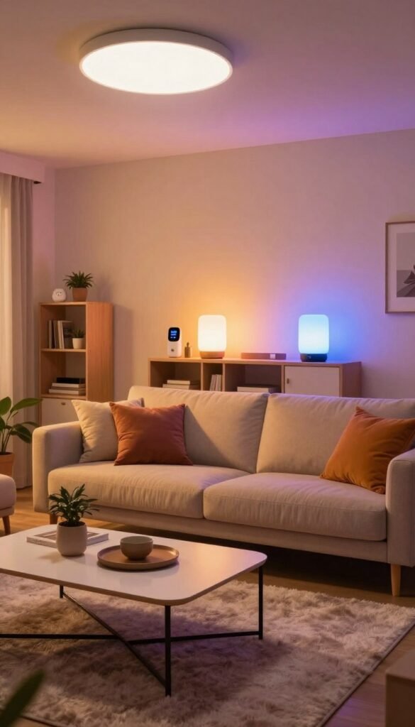 A cozy living room illuminated by Philips Hue smart lighting, showcasing a combination of warm white and vibrant color configurations. In the foreground, a stylish coffee table adorned with a few decorative items contrasts with a soft, plush rug underfoot. The middle layer features a sleek, contemporary sofa with colorful cushions, illuminated by the ambient light from the smart bulbs overhead, casting a warm glow throughout the space. The background showcases a minimalistic shelving unit, smart devices, and plants adding a touch of life. Captured with a soft focus lens at an angle that invites warmth and comfort, the atmosphere is inviting and modern, reflecting a premium yet budget-friendly aesthetic for home lighting. TechKiste branding subtly represented through elegant decor elements.