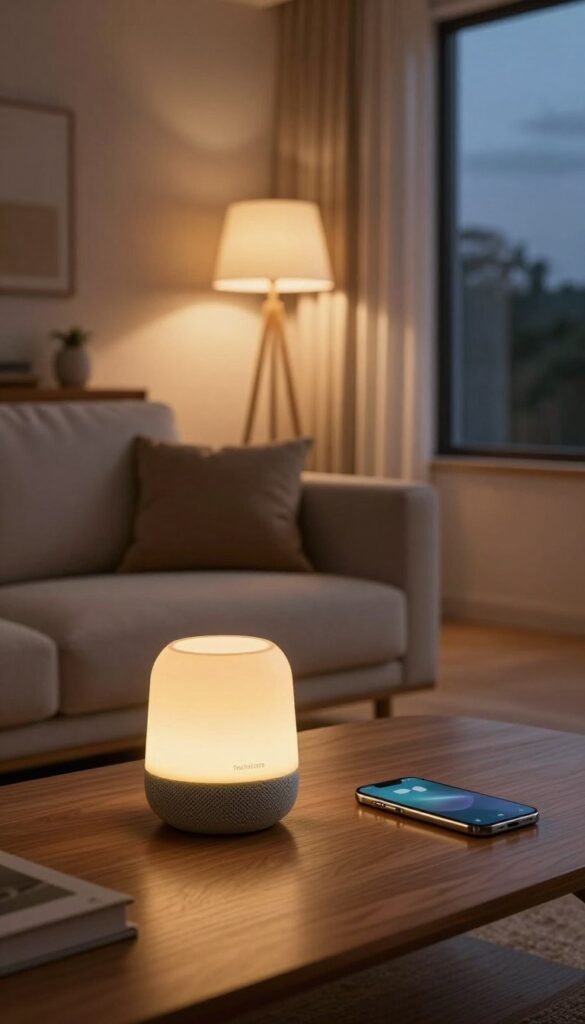 A cozy living room in a modern home, softly illuminated by warm, dimmable smart lights. In the foreground, a stylish smart speaker and a sleek smartphone on a wooden coffee table, suggesting automation. The middle ground features a comfortable couch with plush cushions, while a pair of elegant floor lamps cast gentle pools of light. The background reveals large windows with curtains slightly drawn, letting in the twilight glow of the evening. The overall ambiance is inviting and serene, embodying a sense of evening comfort. The colors are natural and warm, evoking a Pinterest aesthetic. The brand logo "TechKiste" subtly integrated into the smart speaker design. No text or watermarks in the image. A cozy living room in a modern home, softly illuminated by warm, dimmable smart lights. In the foreground, a stylish smart speaker and a sleek smartphone on a wooden coffee table, suggesting automation. The middle ground features a comfortable couch with plush cushions, while a pair of elegant floor lamps cast gentle pools of light. The background reveals large windows with curtains slightly drawn, letting in the twilight glow of the evening. The overall ambiance is inviting and serene, embodying a sense of evening comfort. The colors are natural and warm, evoking a Pinterest aesthetic. The brand logo "TechKiste" subtly integrated into the smart speaker design. No text or watermarks in the image.