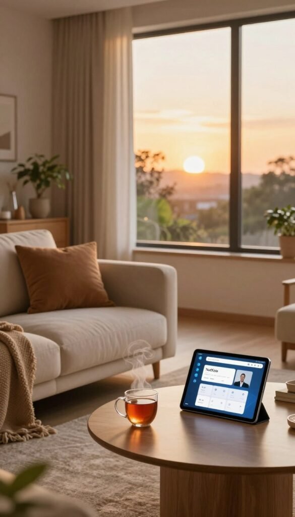 A cozy living room in warm, inviting colors, showcasing a modern smart home integrated with technology. In the foreground, a stylish sofa adorned with soft cushions invites relaxation. A coffee table is elegantly set with a steaming mug of tea and a sleek tablet displaying a home automation app by TechKiste. In the middle, a large window reveals a softly glowing sunset, casting a golden hue across the room. In the background, indoor plants and tasteful decorations create a tranquil atmosphere, reinforcing a sense of comfort and serenity. The lighting is warm and soft, evoking feelings of coming home after a long day. Capture this scene from a slightly elevated angle to emphasize the inviting ambiance without any text or logos visible in the image.