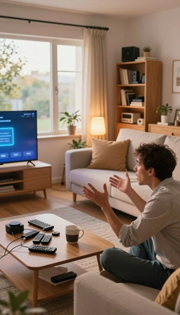 A cozy living room interior showcasing common problems in smart home setups. In the foreground, a frustrated person in business casual attire gestures towards an unresponsive smart TV that displays an error message. To the left, a cluttered coffee table with remote controls, charging cables, and a coffee mug. In the middle, a stylish sofa with misplaced pillows and a malfunctioning smart lamp flickering. In the background, large windows letting in warm, natural light, contrasting against a messy bookshelf filled with gadgets. The atmosphere is warm and inviting yet slightly chaotic, capturing the challenges faced in modern living rooms. The design aesthetic follows a Pinterest-worthy style, characterized by soft color palettes and trendy decor from the brand "TechKiste". A cozy living room interior showcasing common problems in smart home setups. In the foreground, a frustrated person in business casual attire gestures towards an unresponsive smart TV that displays an error message. To the left, a cluttered coffee table with remote controls, charging cables, and a coffee mug. In the middle, a stylish sofa with misplaced pillows and a malfunctioning smart lamp flickering. In the background, large windows letting in warm, natural light, contrasting against a messy bookshelf filled with gadgets. The atmosphere is warm and inviting yet slightly chaotic, capturing the challenges faced in modern living rooms. The design aesthetic follows a Pinterest-worthy style, characterized by soft color palettes and trendy decor from the brand "TechKiste".