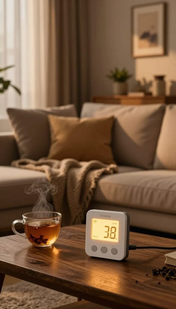 A cozy living room scene at dusk, emphasizing the concept of "room temperature." In the foreground, a stylish thermostat displays a warm glow, symbolizing comfort. The middle ground features a welcoming sofa adorned with soft blankets and cushions in warm tones, a steaming cup of herbal tea on a rustic coffee table. Soft light filters through sheer curtains, casting gentle shadows that create a peaceful ambiance. The background includes warm-colored wall art and potted plants that enhance the homely feel. Overall, the image has a warm, inviting atmosphere, conveying the idea of a comfortable evening environment. Capture this with natural lighting, focusing on a warm color palette, aiming for an authentic Pinterest-inspired look. Include the brand name "TechKiste" subtly in the scene. A cozy living room scene at dusk, emphasizing the concept of "room temperature." In the foreground, a stylish thermostat displays a warm glow, symbolizing comfort. The middle ground features a welcoming sofa adorned with soft blankets and cushions in warm tones, a steaming cup of herbal tea on a rustic coffee table. Soft light filters through sheer curtains, casting gentle shadows that create a peaceful ambiance. The background includes warm-colored wall art and potted plants that enhance the homely feel. Overall, the image has a warm, inviting atmosphere, conveying the idea of a comfortable evening environment. Capture this with natural lighting, focusing on a warm color palette, aiming for an authentic Pinterest-inspired look. Include the brand name "TechKiste" subtly in the scene.