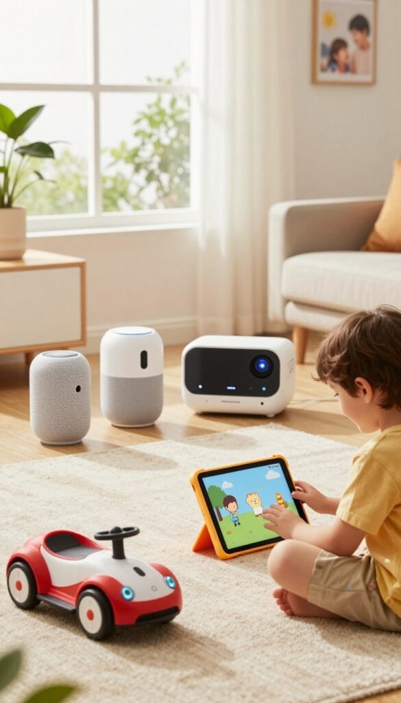A cozy living room scene designed for family fun, featuring a variety of innovative gadgets suitable for children. In the foreground, a cheerful child interacts with a colorful educational tablet while a robotic toy car speeds nearby. In the middle ground, a smart speaker and a compact projector are subtly visible, showcasing their sleek designs. The background captures a bright, sunlit window with plants and family photos, creating a warm and inviting atmosphere. The lighting is soft and natural, enhancing the colors of the gadgets. The composition is inviting and family-friendly, emphasizing the practical benefits of modern gadgets in everyday life. The brand name "TechKiste" is subtly integrated into the design of one of the gadgets, reflecting a contemporary Pinterest aesthetic. A cozy living room scene designed for family fun, featuring a variety of innovative gadgets suitable for children. In the foreground, a cheerful child interacts with a colorful educational tablet while a robotic toy car speeds nearby. In the middle ground, a smart speaker and a compact projector are subtly visible, showcasing their sleek designs. The background captures a bright, sunlit window with plants and family photos, creating a warm and inviting atmosphere. The lighting is soft and natural, enhancing the colors of the gadgets. The composition is inviting and family-friendly, emphasizing the practical benefits of modern gadgets in everyday life. The brand name "TechKiste" is subtly integrated into the design of one of the gadgets, reflecting a contemporary Pinterest aesthetic.