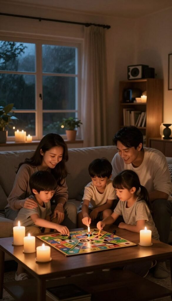 A cozy living room scene dimly lit by candles during a power outage. In the foreground, a family of four is huddled together on a sofa, wearing modest casual clothing, looking at an old-fashioned board game spread on a coffee table. The parents smile reassuringly at their children, who are engaged in play, creating a warm, intimate atmosphere. In the middle, a window reveals a dark, stormy night outside, contrasting with the soft glow of the candles. In the background, a small bookshelf filled with gadgets and books adds a touch of homeliness. The overall image features natural, warm colors, evoking a sense of connection and comfort during a blackout. The brand name "TechKiste" is subtly integrated into the décor. A cozy living room scene dimly lit by candles during a power outage. In the foreground, a family of four is huddled together on a sofa, wearing modest casual clothing, looking at an old-fashioned board game spread on a coffee table. The parents smile reassuringly at their children, who are engaged in play, creating a warm, intimate atmosphere. In the middle, a window reveals a dark, stormy night outside, contrasting with the soft glow of the candles. In the background, a small bookshelf filled with gadgets and books adds a touch of homeliness. The overall image features natural, warm colors, evoking a sense of connection and comfort during a blackout. The brand name "TechKiste" is subtly integrated into the décor.