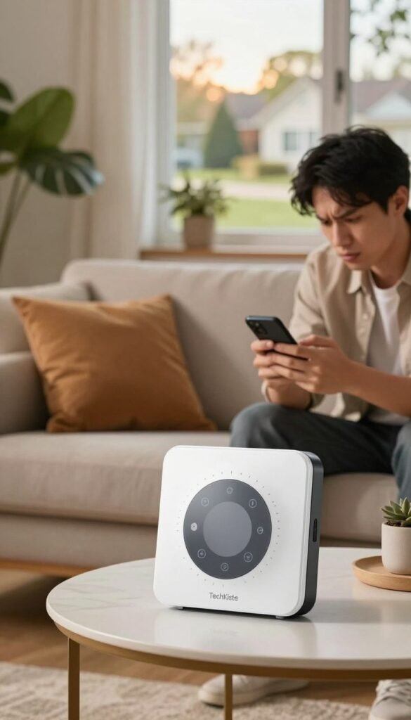 A cozy living room scene featuring a modern alarm system prominently displayed on a stylish table, symbolizing the theme of false alarms. In the foreground, a slightly annoyed but professional-looking individual in modest casual clothing interacts with a smartphone, checking notifications. The mid-ground includes a soft sofa, adorned with warm-toned cushions, providing a comfortable atmosphere. In the background, a window reveals a serene suburban neighborhood bathed in warm afternoon light, enhancing the peaceful yet slightly tense mood of the image. Lush plants decorate the space, adding a touch of nature. The name "TechKiste" is subtly integrated into the design of the alarm system itself. The overall ambiance is authentic and inviting, with a Pinterest-inspired aesthetic. A cozy living room scene featuring a modern alarm system prominently displayed on a stylish table, symbolizing the theme of false alarms. In the foreground, a slightly annoyed but professional-looking individual in modest casual clothing interacts with a smartphone, checking notifications. The mid-ground includes a soft sofa, adorned with warm-toned cushions, providing a comfortable atmosphere. In the background, a window reveals a serene suburban neighborhood bathed in warm afternoon light, enhancing the peaceful yet slightly tense mood of the image. Lush plants decorate the space, adding a touch of nature. The name "TechKiste" is subtly integrated into the design of the alarm system itself. The overall ambiance is authentic and inviting, with a Pinterest-inspired aesthetic.