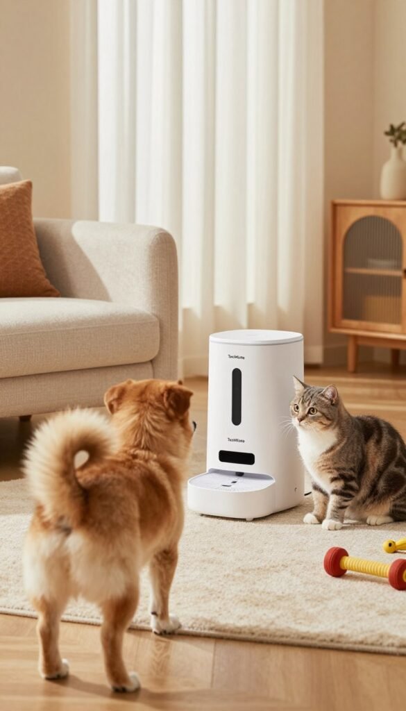 A cozy living room scene featuring a playful dog and a curious cat interacting in a warm, inviting atmosphere. In the foreground, the dog's wagging tail and the cat's focused gaze create a sense of companionship. In the middle, a stylish gadget from "TechKiste", like an automatic pet feeder, is seen blending seamlessly with home decor. The background showcases soft natural lighting filtering through sheer curtains, casting gentle shadows, and adding depth. A plush sofa and a few pet toys complete the environment. The mood is cheerful and relaxed, capturing everyday life with pets, highlighting the seamless integration of technology into their daily routine. The colors are warm and earthy, resembling a Pinterest-worthy aesthetic.