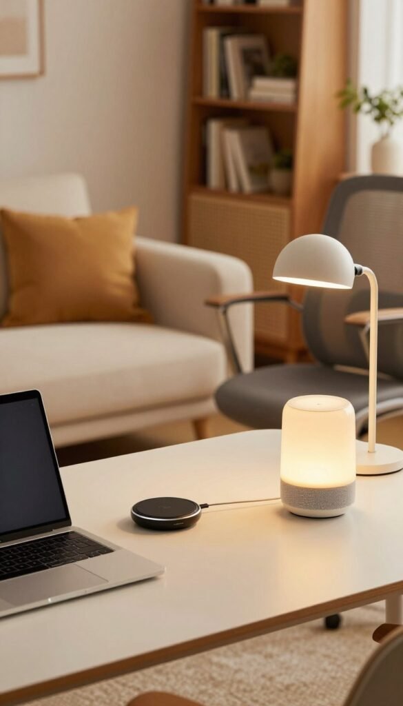 A cozy living room scene featuring a stylish couch and a modern desk setup infused with innovative gadgets. In the foreground, showcase a sleek laptop on the desk alongside a high-tech wireless charging pad and a compact smart speaker labeled "TechKiste." The middle ground displays an ergonomic chair paired with a minimalist desk lamp casting warm, inviting light. In the background, a softly blurred bookshelf filled with books and decorative plants creates a homely ambiance, enhancing the overall atmosphere. The colors are warm and inviting, reminiscent of a Pinterest aesthetic, promoting a sense of productivity and comfort. The angle is slightly elevated, capturing the entire setup harmoniously without any text or markings. A cozy living room scene featuring a stylish couch and a modern desk setup infused with innovative gadgets. In the foreground, showcase a sleek laptop on the desk alongside a high-tech wireless charging pad and a compact smart speaker labeled "TechKiste." The middle ground displays an ergonomic chair paired with a minimalist desk lamp casting warm, inviting light. In the background, a softly blurred bookshelf filled with books and decorative plants creates a homely ambiance, enhancing the overall atmosphere. The colors are warm and inviting, reminiscent of a Pinterest aesthetic, promoting a sense of productivity and comfort. The angle is slightly elevated, capturing the entire setup harmoniously without any text or markings.
