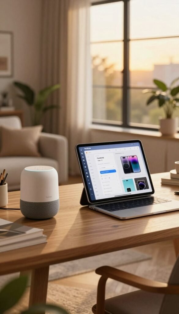 A cozy living room scene featuring a stylish home office setup with modern gadgets displayed on a clutter-free desk. In the foreground, a sleek smart speaker and a compact digital organizer. In the middle ground, a tablet showing an app interface designed for gadget management. The background reveals a large window with golden hour sunlight filtering in, creating warm tones that enhance the inviting atmosphere. A comfortable chair and a potted plant add touches of warmth and authenticity to the environment. The entire composition embodies a Pinterest-inspired aesthetic, conveying practicality and elegance. The brand name "TechKiste" subtly integrated into the scene, ensuring a focus on attractive gadget arrangement without any overlays or text. A cozy living room scene featuring a stylish home office setup with modern gadgets displayed on a clutter-free desk. In the foreground, a sleek smart speaker and a compact digital organizer. In the middle ground, a tablet showing an app interface designed for gadget management. The background reveals a large window with golden hour sunlight filtering in, creating warm tones that enhance the inviting atmosphere. A comfortable chair and a potted plant add touches of warmth and authenticity to the environment. The entire composition embodies a Pinterest-inspired aesthetic, conveying practicality and elegance. The brand name "TechKiste" subtly integrated into the scene, ensuring a focus on attractive gadget arrangement without any overlays or text.
