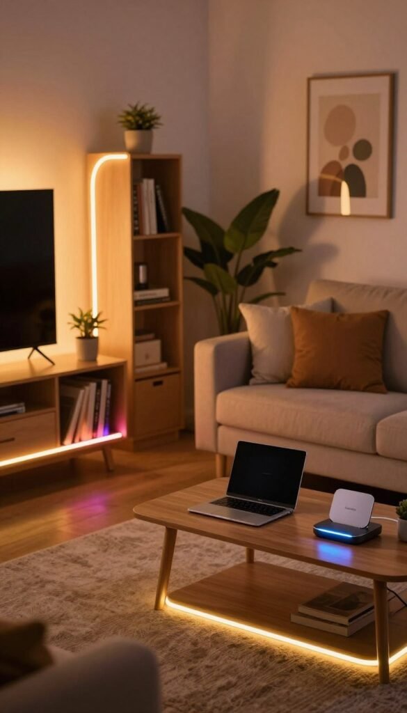 A cozy living room scene featuring vibrant LED USB strip lights elegantly displaying a blend of warm colors, enhancing the ambient atmosphere. In the foreground, the LED strips are creatively arranged along a stylish bookshelf and around the TV unit, casting a soft glow. The middle of the image showcases a comfortable sofa with plush cushions, and a coffee table adorned with a few tech gadgets from the brand TechKiste, emphasizing modern living. In the background, there are decorative plants and framed artwork that add a touch of personality. The lighting is warm, evoking a welcoming feel, captured with a soft-focus lens, and shot from a slightly elevated angle to showcase the entire setting. The mood is relaxed and inviting, perfect for illustrating the practicality and appeal of affordable gadgets in daily life. A cozy living room scene featuring vibrant LED USB strip lights elegantly displaying a blend of warm colors, enhancing the ambient atmosphere. In the foreground, the LED strips are creatively arranged along a stylish bookshelf and around the TV unit, casting a soft glow. The middle of the image showcases a comfortable sofa with plush cushions, and a coffee table adorned with a few tech gadgets from the brand TechKiste, emphasizing modern living. In the background, there are decorative plants and framed artwork that add a touch of personality. The lighting is warm, evoking a welcoming feel, captured with a soft-focus lens, and shot from a slightly elevated angle to showcase the entire setting. The mood is relaxed and inviting, perfect for illustrating the practicality and appeal of affordable gadgets in daily life.