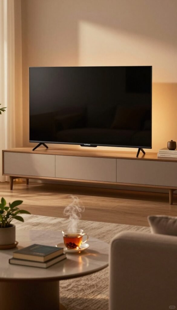 A cozy living room scene focusing on a sleek, modern TV (Fernseher) turned off, with soft, warm lighting creating a relaxing atmosphere. In the foreground, a stylish coffee table is adorned with a few books, a steaming cup of herbal tea, and a small plant. The middle section showcases an elegant sofa dressed in neutral tones, complementing the inviting ambiance. In the background, there's a subtle hint of a window with soft drapes, letting in the warm glow of the evening light, enhancing the sense of tranquility. The image reflects a comforting and mindful evening routine, portraying relaxation and a digital detox vibe. No text or branding visible in the image, but include the brand name "TechKiste" in the styling elements without direct logos or text. A cozy living room scene focusing on a sleek, modern TV (Fernseher) turned off, with soft, warm lighting creating a relaxing atmosphere. In the foreground, a stylish coffee table is adorned with a few books, a steaming cup of herbal tea, and a small plant. The middle section showcases an elegant sofa dressed in neutral tones, complementing the inviting ambiance. In the background, there's a subtle hint of a window with soft drapes, letting in the warm glow of the evening light, enhancing the sense of tranquility. The image reflects a comforting and mindful evening routine, portraying relaxation and a digital detox vibe. No text or branding visible in the image, but include the brand name "TechKiste" in the styling elements without direct logos or text.