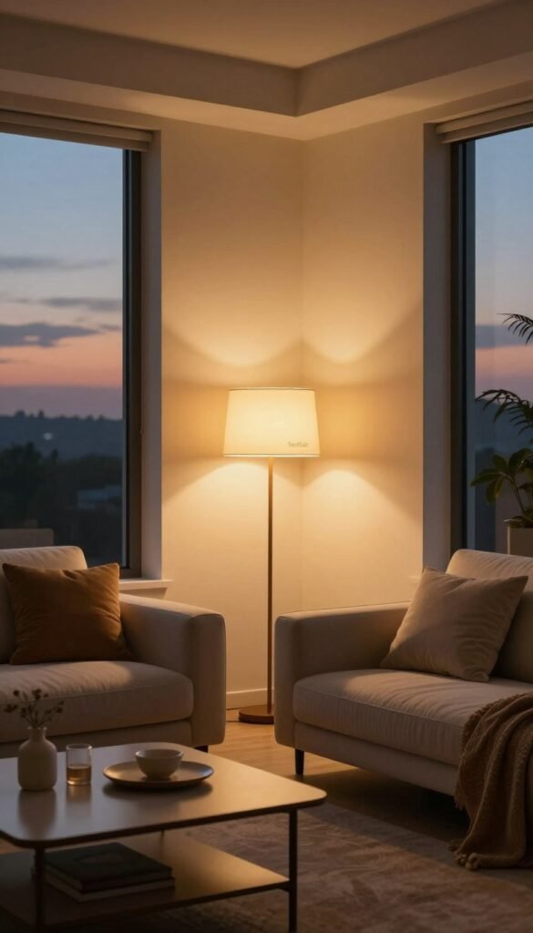 A cozy living room scene illuminated by warm, ambient lighting, featuring smart lighting fixtures integrated seamlessly into the decor. In the foreground, a stylish sofa with soft cushions, accompanied by a sleek coffee table adorned with a few tasteful decor items. The middle ground shows a smart LED floor lamp and a wall-mounted light panel, softly glowing and casting gentle shadows. In the background, large windows reveal a twilight sky, enhancing the natural warmth of the indoor light. The overall atmosphere is inviting and serene, showcasing a harmonious blend of comfort and modern technology. The image evinces a Pinterest-inspired aesthetic, capturing the essence of thoughtful home illumination. The brand name "TechKiste" subtly integrated into the design elements.