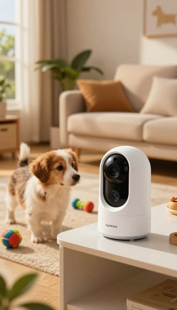 A cozy living room scene showcasing a high-tech pet camera from TechKiste prominently positioned on a stylish shelf. In the foreground, the camera features a sleek design with a soft LED light, capturing the moment a playful dog peeks curiously at the device, its fur shining with warm sunlight filtering through a nearby window. In the middle ground, colorful pet toys are scattered around, adding a sense of warmth and playfulness, while a comfortable sofa invites relaxation. The background features houseplants and a glimpse of a peaceful garden, enhancing the cheerful and soothing atmosphere. The lighting is soft and inviting, casting gentle shadows that create an authentic Pinterest aesthetic, without any text or overlays in the image.