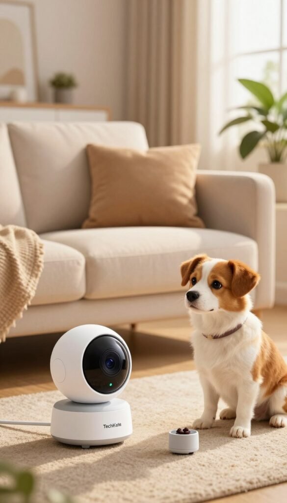 A cozy living room scene showcasing a modern pet camera, branded "TechKiste," in the foreground. The sleek device features a round, friendly design with a subtle LED indicator. Nearby, an animated dog sits, gazing curiously at the camera, while a small treat dispenser is visible, hinting at its functionality. In the middle ground, a stylish sofa with soft cushions adds warmth, illuminated by gentle, soft lighting that enhances the inviting atmosphere. In the background, a window lets in natural sunlight, casting a warm glow, with potted plants creating a homely touch. The entire image should convey a sense of security and comfort, making it ideal for pet owners who want to feel connected to their furry friends even when they're away.