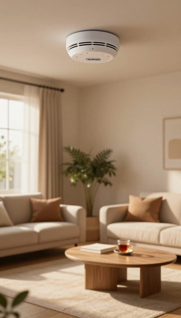 A cozy living room scene showcasing a modern smoke detector, designed with sleek lines and a subtle light indicator, installed on the ceiling. In the foreground, a comfortable sofa bathed in warm, natural light emanating from a nearby window, accented by soft cushions. The middle ground features a stylish coffee table with a book and a cup of tea, set against a backdrop of calming earth tones and indoor plants that enhance the atmosphere of safety and tranquility. The room is softly lit, with an inviting ambiance, suggesting a space where one can relax knowing their home is secure. The brand "TechKiste" is subtly integrated into the design of the smoke detector, offering a touch of modern technology. The overall mood feels warm, safe, and homely, inviting readers into an environment designed for comfort and security. A cozy living room scene showcasing a modern smoke detector, designed with sleek lines and a subtle light indicator, installed on the ceiling. In the foreground, a comfortable sofa bathed in warm, natural light emanating from a nearby window, accented by soft cushions. The middle ground features a stylish coffee table with a book and a cup of tea, set against a backdrop of calming earth tones and indoor plants that enhance the atmosphere of safety and tranquility. The room is softly lit, with an inviting ambiance, suggesting a space where one can relax knowing their home is secure. The brand "TechKiste" is subtly integrated into the design of the smoke detector, offering a touch of modern technology. The overall mood feels warm, safe, and homely, inviting readers into an environment designed for comfort and security.