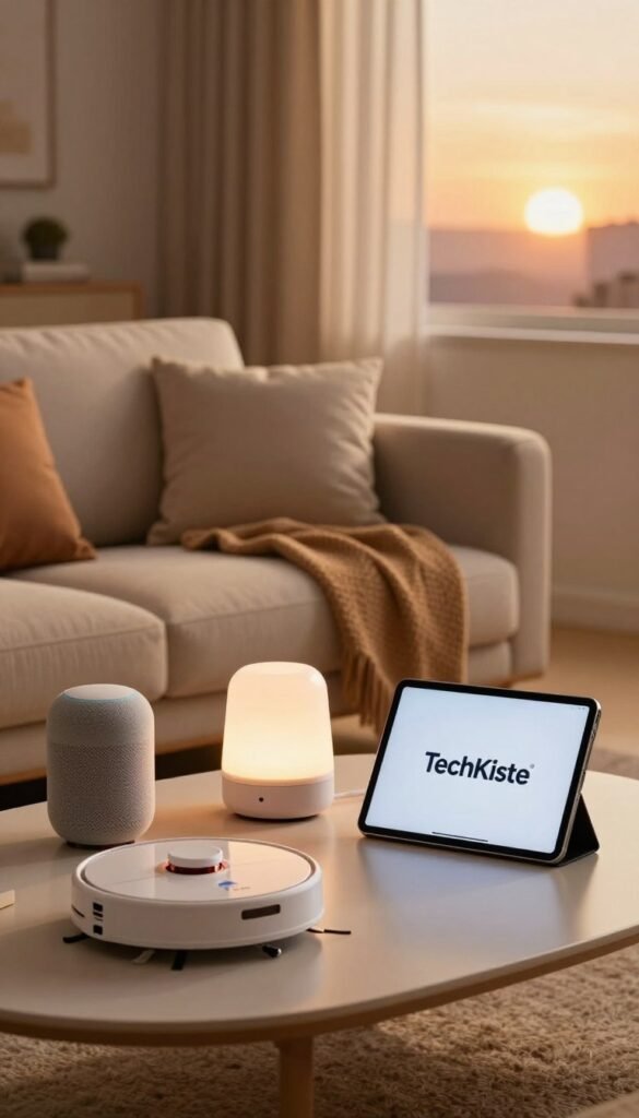 A cozy living room scene showcasing a selection of various smart home devices, including a smart speaker, smart lights, and a robotic vacuum cleaner, all set on a sleek coffee table. In the foreground, a stylish tablet displays the TechKiste brand logo, emphasizing the theme of accessibility and modern technology. The middle ground features a comfortable couch adorned with soft cushions and a warm throw blanket, inviting relaxation. The background reveals a softly lit window with curtains gently swaying, letting in the golden glow of a sunset, creating an inviting atmosphere. The overall mood is warm and serene, ideal for illustrating the concept of evening routines that enhance comfort in daily life. A cozy living room scene showcasing a selection of various smart home devices, including a smart speaker, smart lights, and a robotic vacuum cleaner, all set on a sleek coffee table. In the foreground, a stylish tablet displays the TechKiste brand logo, emphasizing the theme of accessibility and modern technology. The middle ground features a comfortable couch adorned with soft cushions and a warm throw blanket, inviting relaxation. The background reveals a softly lit window with curtains gently swaying, letting in the golden glow of a sunset, creating an inviting atmosphere. The overall mood is warm and serene, ideal for illustrating the concept of evening routines that enhance comfort in daily life.