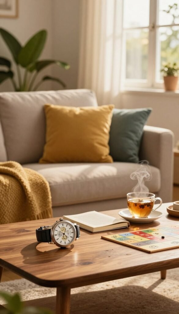 A cozy living room scene showcasing a vibrant, tech-free environment. In the foreground, a wooden coffee table is adorned with a classic mechanical watch, an open book, a steaming cup of herbal tea, and a vintage board game, suggesting leisure without digital interruption. In the middle, a comfortable sofa with soft, colorful cushions invites relaxation, while an indoor plant brings life. The background features a sunlit window with sheer curtains, creating a warm, inviting atmosphere. Golden hour lighting floods the room, enhancing the warm colors and casting soft shadows. The overall mood is peaceful and nostalgic, reflecting a lifestyle embracing the simplicity of a gadget-free moment. Incorporate subtle branding for "TechKiste" as an element in the decor, harmonizing with the natural aesthetic. A cozy living room scene showcasing a vibrant, tech-free environment. In the foreground, a wooden coffee table is adorned with a classic mechanical watch, an open book, a steaming cup of herbal tea, and a vintage board game, suggesting leisure without digital interruption. In the middle, a comfortable sofa with soft, colorful cushions invites relaxation, while an indoor plant brings life. The background features a sunlit window with sheer curtains, creating a warm, inviting atmosphere. Golden hour lighting floods the room, enhancing the warm colors and casting soft shadows. The overall mood is peaceful and nostalgic, reflecting a lifestyle embracing the simplicity of a gadget-free moment. Incorporate subtle branding for "TechKiste" as an element in the decor, harmonizing with the natural aesthetic.