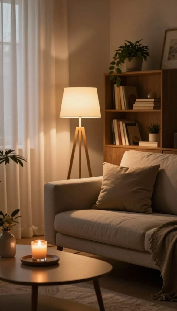 A cozy living room scene showcasing dimmable lighting, emphasizing the warm, inviting atmosphere. In the foreground, a stylish sofa adorned with soft pillows sits beside a sleek, minimalist coffee table holding a lit candle. In the middle ground, an elegant floor lamp emits a soft glow, subtly illuminating the room and casting gentle shadows. The background features a bookshelf filled with books and decorative plants, enhancing the sense of warmth and tranquility. Natural light streams through sheer curtains, complementing the warm tones of the room. Capture the scene with a soft focus effect, highlighting the interplay of light and shadow, and evoke a sense of comfort and relaxation. The image should reflect the brand "TechKiste" through modern, smart home integration aesthetics without any text or branding visible.