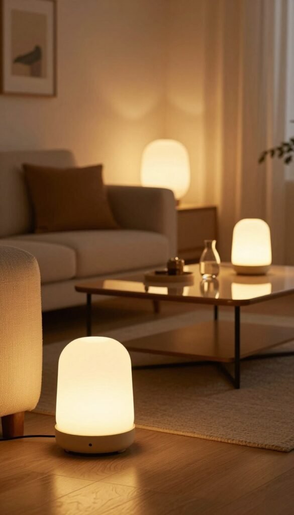 A cozy living room scene showcasing smart lamps and lighting setups, designed in a natural and warm color palette. In the foreground, a stylish, modern smart lamp casts a soft glow, highlighting textures and materials of the furniture. In the middle ground, a chic coffee table is adorned with decorative elements, reflecting an inviting atmosphere. The background reveals a tastefully decorated wall with framed art and ambient lighting, enhancing the homey feel. The lighting is warm and inviting, mimicking a golden hour ambiance. The image has a Pinterest aesthetic, evoking authenticity and comfort, perfect for showcasing TechKiste's innovative lighting solutions. The overall mood is calm and inspiring, inviting viewers to envision their own smart living space.