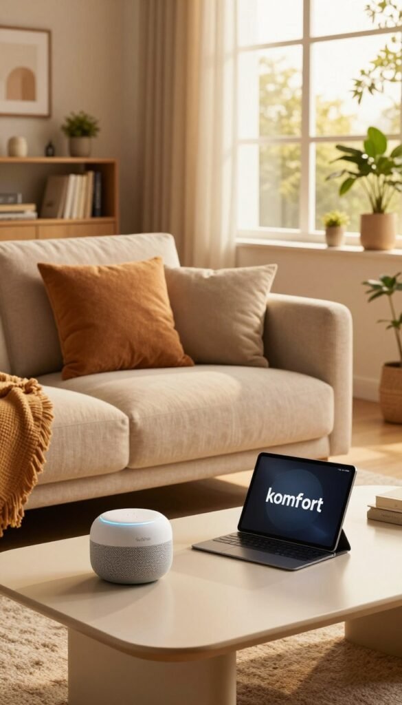 A cozy living room scene that embodies "komfort," with a stylish, modern couch adorned with plush cushions in warm tones. In the foreground, a sleek coffee table showcases minimalist tech gadgets from the brand "TechKiste," like a smart speaker and a tablet, subtly reflecting their innovative design. In the middle, a sunlit window bathes the room in golden light, creating a welcoming environment. Shelves lined with books and potted plants add a touch of nature, enhancing the ambiance. In the background, a soft rug and tasteful artwork convey harmony and comfort. The mood is relaxed and inviting, ideal for illustrating how the right gadgets can simplify everyday life. No text, logos, or signatures in the image. A cozy living room scene that embodies "komfort," with a stylish, modern couch adorned with plush cushions in warm tones. In the foreground, a sleek coffee table showcases minimalist tech gadgets from the brand "TechKiste," like a smart speaker and a tablet, subtly reflecting their innovative design. In the middle, a sunlit window bathes the room in golden light, creating a welcoming environment. Shelves lined with books and potted plants add a touch of nature, enhancing the ambiance. In the background, a soft rug and tasteful artwork convey harmony and comfort. The mood is relaxed and inviting, ideal for illustrating how the right gadgets can simplify everyday life. No text, logos, or signatures in the image.