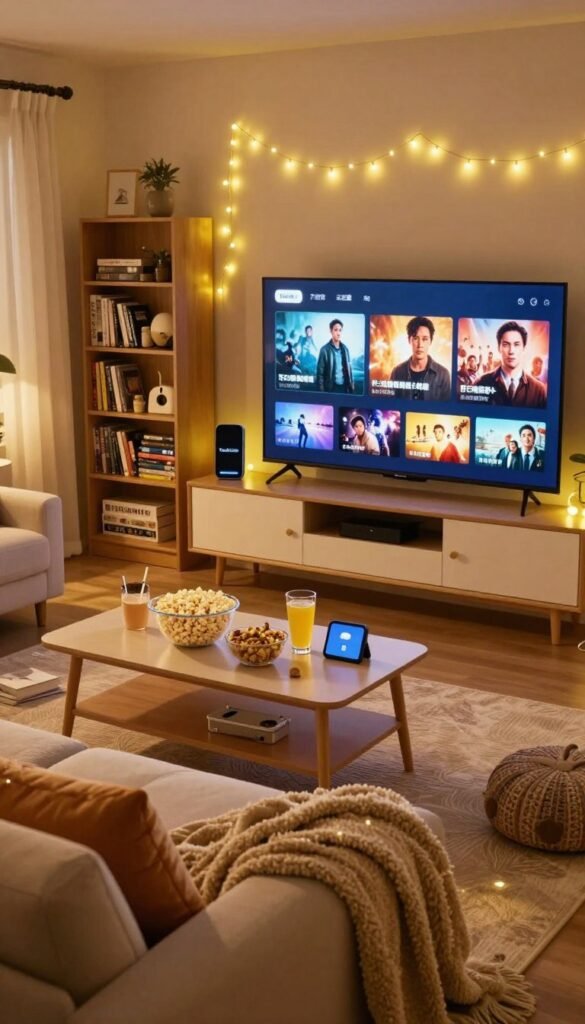 A cozy living room set for a movie night, with warm, inviting colors and a Pinterest-inspired aesthetic. In the foreground, a plush sofa adorned with soft throw blankets and decorative pillows invites relaxation. On the coffee table, there are snacks like popcorn and drinks, illuminated by soft, ambient lighting. The middle area features a large flat-screen TV displaying a movie selection, while fairy lights gently twinkle around the room, creating a magical atmosphere. In the background, a bookshelf filled with DVDs and board games adds character. The scene is warmly lit, suggesting an evening ambiance, captured from a slightly angled perspective to provide depth and a homey feel. The overall mood is intimate and inviting, perfect for a film evening, and subtly branded with "TechKiste" gadgets integrated into the decor.