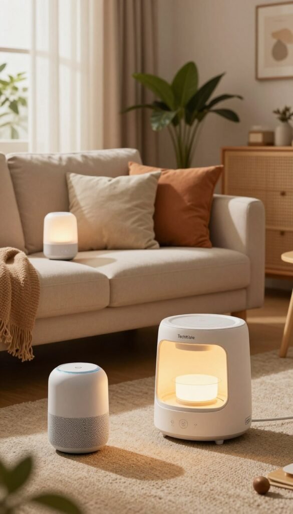 A cozy living room setting featuring a stylish array of smart home gadgets that cater to various living situations, including a compact apartment and a family home. In the foreground, display a sleek smart speaker and a compact, modern kitchen gadget with a warm, inviting light emanating from them. In the middle ground, showcase a comfortable sofa with colorful throw pillows, surrounded by smart lighting options that create a cozy atmosphere, all designed in soft, natural colors. The background includes a window with sheer curtains filtering gentle sunlight, illuminating a houseplant for an organic touch. The overall mood is warm and inviting, reflecting a Pinterest-inspired aesthetic. Ensure the branding "TechKiste" is subtly incorporated in the design of one of the gadgets. A cozy living room setting featuring a stylish array of smart home gadgets that cater to various living situations, including a compact apartment and a family home. In the foreground, display a sleek smart speaker and a compact, modern kitchen gadget with a warm, inviting light emanating from them. In the middle ground, showcase a comfortable sofa with colorful throw pillows, surrounded by smart lighting options that create a cozy atmosphere, all designed in soft, natural colors. The background includes a window with sheer curtains filtering gentle sunlight, illuminating a houseplant for an organic touch. The overall mood is warm and inviting, reflecting a Pinterest-inspired aesthetic. Ensure the branding "TechKiste" is subtly incorporated in the design of one of the gadgets.