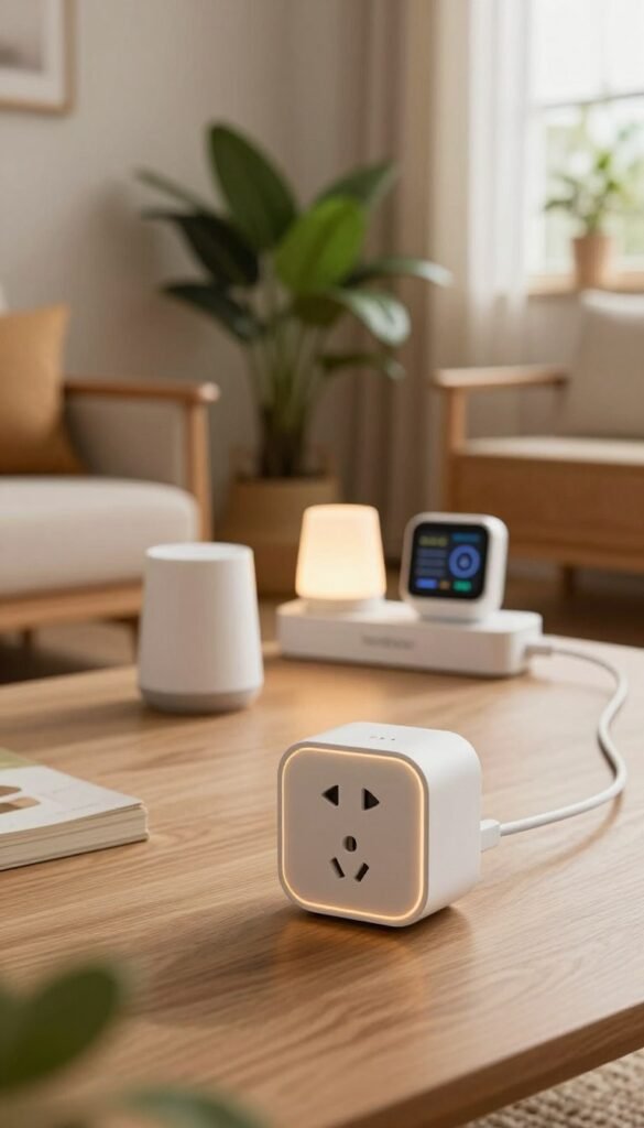 A cozy living room setting featuring a stylish timer and remote-controlled power socket from the brand "TechKiste." In the foreground, focus on the modern outlet plug with a soft glow emanating from the built-in indicator light, highlighting its sleek design and user-friendly interface. The middle ground showcases a stylish power strip connected to various energy-saving gadgets, like LED lights and a smart home device, promoting an eco-friendly atmosphere. The background comprises a warm, inviting room with wooden accents, lush green plants, and natural light pouring in through a window, creating a tranquil and organized vibe. The overall mood should evoke comfort and innovation, with a harmonious blend of warm colors that reflect a Pinterest-inspired aesthetic. Ensure no text or branding aside from the product.