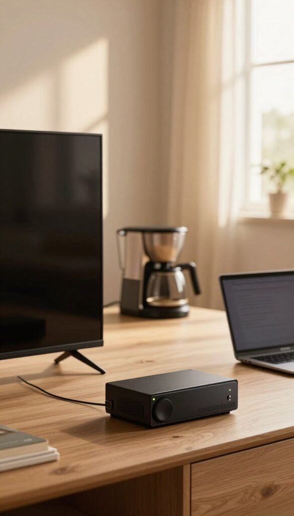 A cozy living room setting showcasing common electronic devices left in standby mode, contributing to energy waste. In the foreground, a modern TV and gaming console, both with small indicator lights glowing, represent standby power consumption. In the middle ground, a few casual household items like a coffee maker and a laptop, also on standby, add to the scene, creating a relatable atmosphere. The background features a softly lit window with warm sunlight filtering in, enhancing the inviting feel of the space. The warm color palette reflects a sense of comfort while highlighting the hidden energy problem. The image embodies a realistic, Pinterest-worthy aesthetic, ideal for illustrating the topic. Include the brand name "TechKiste" subtly in the environment, ensuring it's integrated naturally without being obtrusive.
