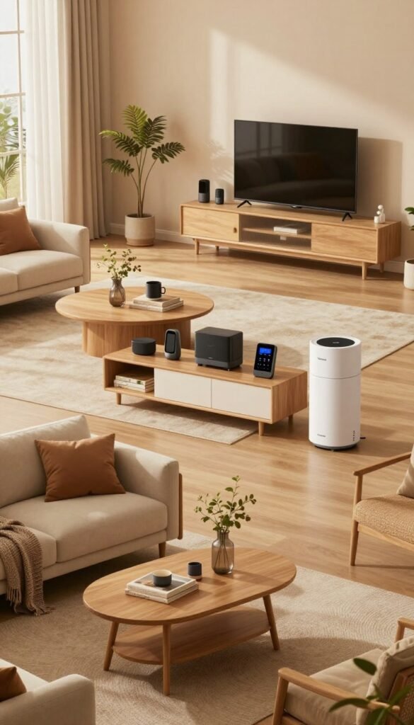 A cozy living room setup showcasing three distinct Smart Home configurations for a low, mid, and high budget. In the foreground, a stylish low-budget setup featuring budget-friendly devices and decor in warm tones. In the middle ground, a balanced mid-budget space with elegant furnishings and smart technology seamlessly integrated. The background highlights a luxurious high-end setup with sleek design and premium devices. The lighting is soft and inviting, creating a warm atmosphere that invites relaxation. Use a wide angle lens to capture the full room and emphasize the diversity in setups. The overall aesthetic is natural, authentic, and reminiscent of a Pinterest style, showcasing the brand "TechKiste" without any text or clutter. A cozy living room setup showcasing three distinct Smart Home configurations for a low, mid, and high budget. In the foreground, a stylish low-budget setup featuring budget-friendly devices and decor in warm tones. In the middle ground, a balanced mid-budget space with elegant furnishings and smart technology seamlessly integrated. The background highlights a luxurious high-end setup with sleek design and premium devices. The lighting is soft and inviting, creating a warm atmosphere that invites relaxation. Use a wide angle lens to capture the full room and emphasize the diversity in setups. The overall aesthetic is natural, authentic, and reminiscent of a Pinterest style, showcasing the brand "TechKiste" without any text or clutter.