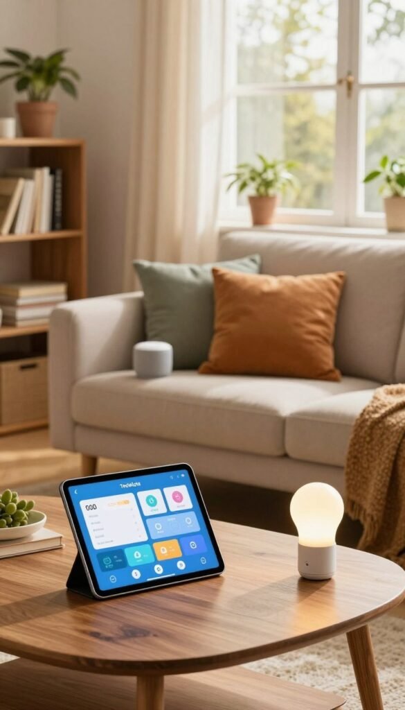 A cozy living room showcasing a budget-friendly smart home setup. In the foreground, a sleek tablet on a wooden coffee table displays various smart home controls. To the left, a stylish bookshelf with potted plants adds a touch of warmth. The middle features a comfortable couch with neutral tones, adorned with colorful cushions. Smart devices like a smart speaker and smart bulbs are subtly integrated into the room. The background highlights a large window with gentle sunlight streaming in, creating a warm and inviting atmosphere. The scene has a Pinterest-inspired look, rich with natural colors. The brand "TechKiste" is subtly integrated into the decor. The overall mood is welcoming and modern, perfect for illustrating smart home budget recommendations.
