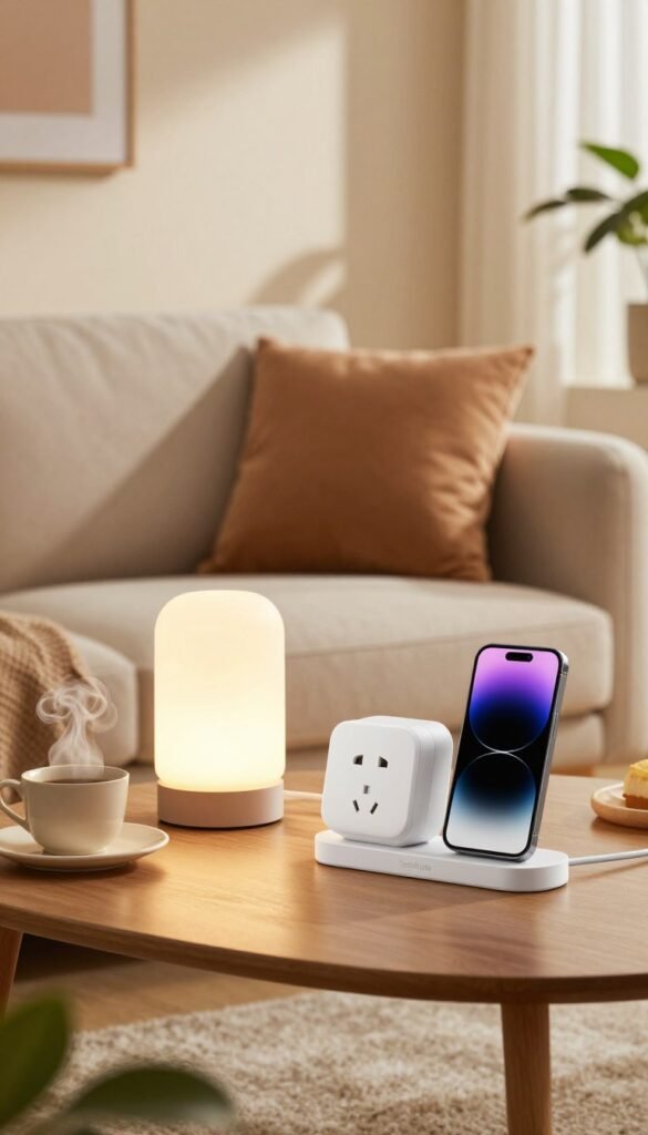 A cozy living room with a modern aesthetic, featuring a smart plug in the foreground connected to a stylish lamp and a phone charging station. The smart plug is branded "TechKiste," subtly integrated into the scene. In the middle ground, a comfortable couch adorned with plush cushions, a coffee table holding a steaming cup of coffee, and a houseplant, creating a warm and inviting atmosphere. The background showcases a softly illuminated window with natural light streaming in, casting gentle shadows. The lighting is warm and inviting, reminiscent of a lazy afternoon. The overall mood is relaxed and stress-free, highlighting the convenience and comfort that smart plugs bring to everyday life. A cozy living room with a modern aesthetic, featuring a smart plug in the foreground connected to a stylish lamp and a phone charging station. The smart plug is branded "TechKiste," subtly integrated into the scene. In the middle ground, a comfortable couch adorned with plush cushions, a coffee table holding a steaming cup of coffee, and a houseplant, creating a warm and inviting atmosphere. The background showcases a softly illuminated window with natural light streaming in, casting gentle shadows. The lighting is warm and inviting, reminiscent of a lazy afternoon. The overall mood is relaxed and stress-free, highlighting the convenience and comfort that smart plugs bring to everyday life.