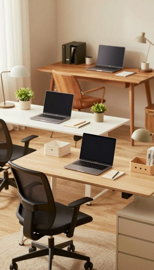 A cozy, minimal home office setup featuring three distinct zones representing different budget levels: low, mid, and high. In the foreground, a sleek, budget-friendly workspace with an ergonomic chair, a simple desk, and affordable organization tools like boxes and organizers, all in warm, natural colors. In the middle, a stylish mid-range setup showcasing a modern desk with a laptop, a decorative plant, and mid-tier accessories like a desk lamp and a notebook. Finally, in the background, a high-end workspace featuring an elegant wooden desk, premium office gadgets, and high-quality decor elements that enhance productivity. The image embodies a warm and inviting atmosphere, with soft, diffused lighting and a shallow depth of field, capturing the essence of efficient and orderly work environments. The brand name "TechKiste" is subtly integrated into the design.