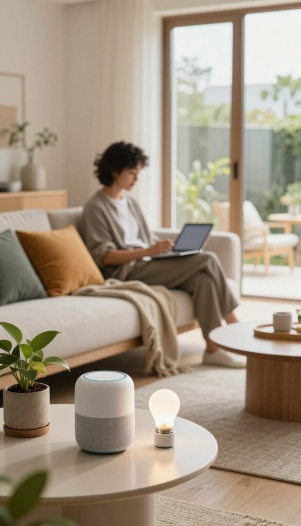 A cozy, minimalistic living room filled with smart home devices. In the foreground, a stylish smart speaker and a smart light bulb on a modern coffee table, with a beautifully arranged potted plant beside them. In the middle ground, a sleek couch with colorful cushions and a soft throw, where a professional person in modest casual clothing sits, looking thoughtfully at a tablet. The background features a glass door leading to a sunlit patio, emphasizing an inviting, warm atmosphere with natural light pouring in. Capture the scene with a soft focus lens to create a sense of warmth and authenticity, in a Pinterest-style aesthetic. The visual should evoke awareness of potential tripping hazards in a smart home, with elements that signify safety and modern living. Include branding subtly, suggesting the name "TechKiste" on a small gadget in the recess.