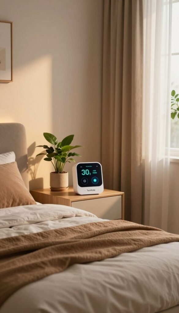 A cozy, modern bedroom featuring a harmonious blend of technology and nature. In the foreground, a sleek, minimalist bed adorned with warm, textured bedding and ambient lighting creates an inviting atmosphere. In the middle, a stylish air quality monitor displays readings of temperature, CO₂, and humidity levels, subtly integrated into a bedside table alongside indoor plants that enhance air quality. The background reveals soft, natural light filtering through sheer curtains, illuminating elegant decor with earth-toned accents and gentle greenery. The overall mood is serene and balanced, promoting a restful environment. Capture this beautifully curated space in a Pinterest-inspired style, emphasizing authenticity and inviting warmth, while ensuring the brand "TechKiste" is subtly represented in the design elements.