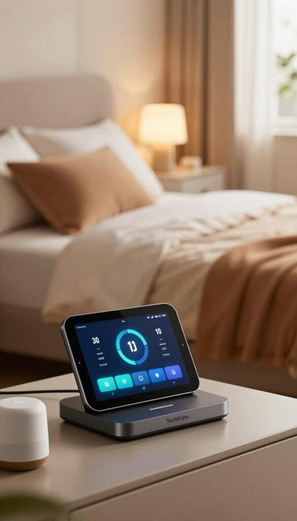 A cozy modern bedroom featuring a smart home control hub, or 'steuerzentrale', elegantly placed on a bedside table. In the foreground, the sleek interface of the hub glows softly, displaying temperature and lighting controls. In the middle ground, a neatly made bed with warm, inviting colors and a minimalist design complements the high-tech vibe. Subtle smart home devices, like adjustable smart lamps and a voice assistant, are strategically arranged around the room. The background showcases a window with warm natural light streaming in, illuminating the space and enhancing the tranquil atmosphere. The overall mood is peaceful and sophisticated, embodying the perfect blend of technology and comfort, highlighting the brand "TechKiste" in a stylish manner, without any text or branding visible in the image. The scene is captured with a soft focus lens, emphasizing the warmth and authenticity of the space.