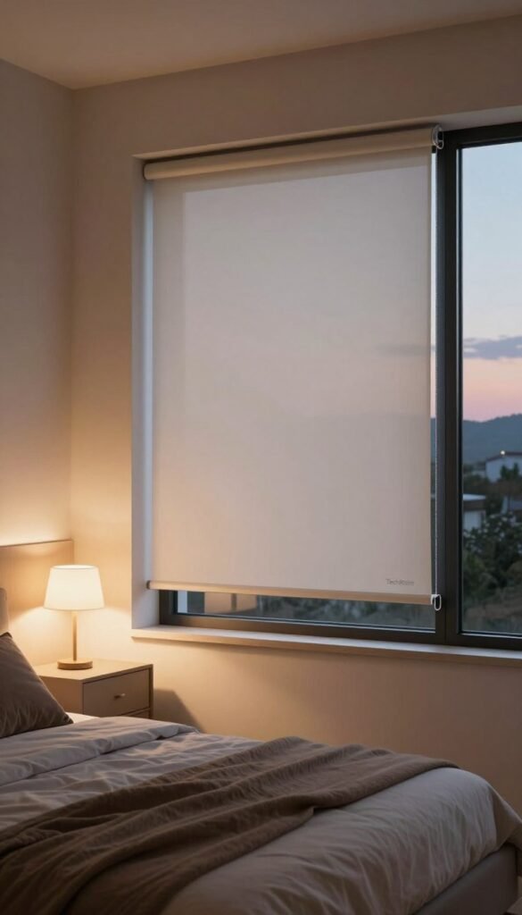 A cozy, modern bedroom featuring sleek, automated rollläden (roller blinds) partially closed, casting soft shadows across the room. In the foreground, a plush bed with warm, inviting bedding, and an elegant nightstand with a small lamp emitting a gentle glow. The middle section showcases the rollläden, highlighting their functionality and stylish design. In the background, large windows reveal a serene evening scene with subtle twilight hues and soft, filtered light. The overall atmosphere is tranquil and intimate, promoting comfort and privacy. The image captures a Pinterest-inspired aesthetic, emphasizing natural colors and a harmonious, homey feel. Include the brand name "TechKiste" in a subtle manner within the design of the room. A cozy, modern bedroom featuring sleek, automated rollläden (roller blinds) partially closed, casting soft shadows across the room. In the foreground, a plush bed with warm, inviting bedding, and an elegant nightstand with a small lamp emitting a gentle glow. The middle section showcases the rollläden, highlighting their functionality and stylish design. In the background, large windows reveal a serene evening scene with subtle twilight hues and soft, filtered light. The overall atmosphere is tranquil and intimate, promoting comfort and privacy. The image captures a Pinterest-inspired aesthetic, emphasizing natural colors and a harmonious, homey feel. Include the brand name "TechKiste" in a subtle manner within the design of the room.