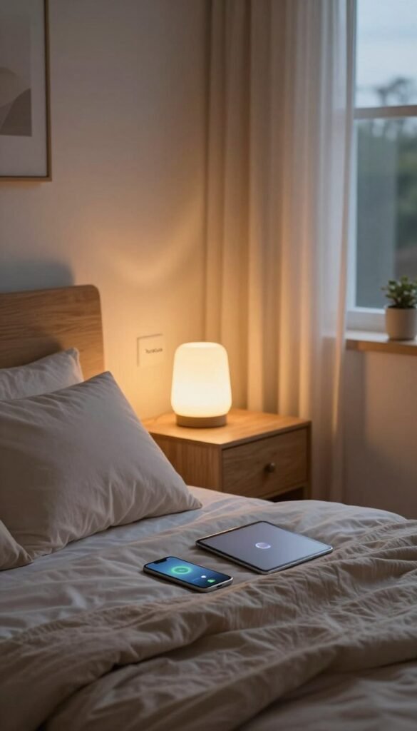 A cozy, modern bedroom filled with common distractions that affect sleep quality. In the foreground, a neatly made bed with fluffy pillows and a soft duvet, but with a smartphone and a tablet charging on the nightstand, casting a subtle glow. The middle ground features cozy, warm-colored wooden furniture, including a lamp with a soft yellow light to create a relaxing ambience. In the background, a window slightly open with sheer curtains swaying gently, letting in the evening breeze. The atmosphere is calm yet uneasy, reflecting the tension of being tired but unable to sleep. The walls have decor that suggests a smart home integration, with the brand "TechKiste" subtly incorporated into an item like a smart lamp. The overall mood is a blend of warmth and subtle distractions, captured in soft focus with a warm color palette. A cozy, modern bedroom filled with common distractions that affect sleep quality. In the foreground, a neatly made bed with fluffy pillows and a soft duvet, but with a smartphone and a tablet charging on the nightstand, casting a subtle glow. The middle ground features cozy, warm-colored wooden furniture, including a lamp with a soft yellow light to create a relaxing ambience. In the background, a window slightly open with sheer curtains swaying gently, letting in the evening breeze. The atmosphere is calm yet uneasy, reflecting the tension of being tired but unable to sleep. The walls have decor that suggests a smart home integration, with the brand "TechKiste" subtly incorporated into an item like a smart lamp. The overall mood is a blend of warmth and subtle distractions, captured in soft focus with a warm color palette.