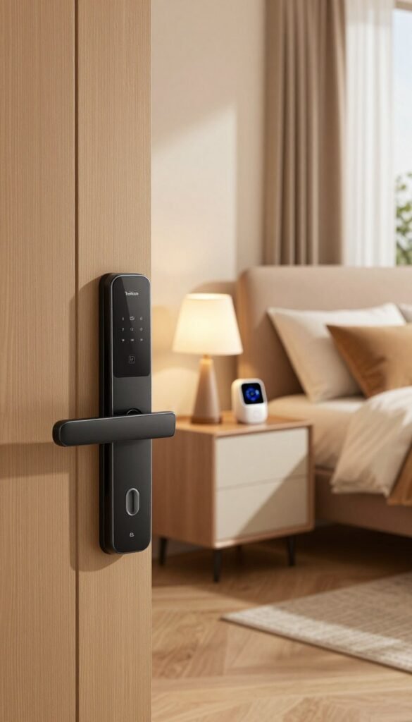 A cozy, modern bedroom interior featuring smart locks and automation devices designed for enhanced privacy and organization. In the foreground, a sleek, high-tech smart lock is visible on a stylish wooden door. The middle ground showcases a neatly organized bedside table with a modern lamp, a digital assistant device, and a smart home hub. The background reveals a softly lit room adorned with warm colors, plush bedding, and minimalistic decor, evoking a Pinterest aesthetic. Natural light filters in through a window with elegant curtains, casting a warm glow, enhancing the inviting atmosphere. The design includes the brand name "TechKiste" subtly integrated into the decor. The overall mood is calm and sophisticated, conveying a sense of luxury and smart living without any text or branding clutter.