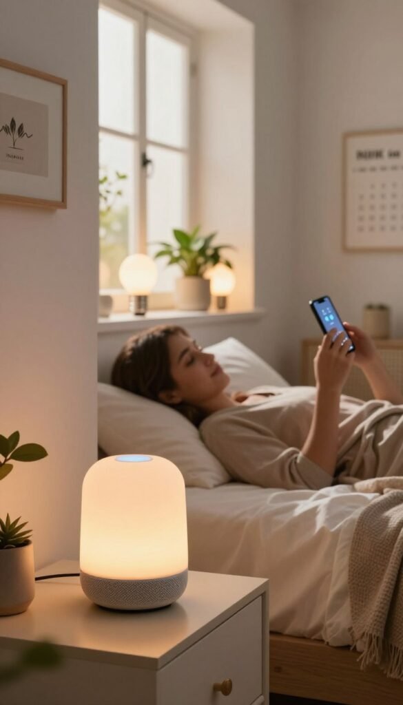 A cozy, modern bedroom scene illustrating the concept of morning automation triggers. In the foreground, a sleek smart speaker rests on a nightstand, softly glowing with warm colors. On the bed, a person dressed in comfortable, modest attire checks their smartphone, reflecting engagement with technology. The middle ground features an open window allowing gentle sunlight to filter in, illuminating the space, and smart light bulbs, programmed to increase in brightness, create a warm ambiance. In the background, the walls are adorned with minimalistic decor, featuring plants and a calendar indicating morning routines. The overall mood is inviting and harmonious, capturing a sense of ease and efficiency. This image embodies the brand essence of "TechKiste," focusing on a natural aesthetic that feels authentic and relatable.