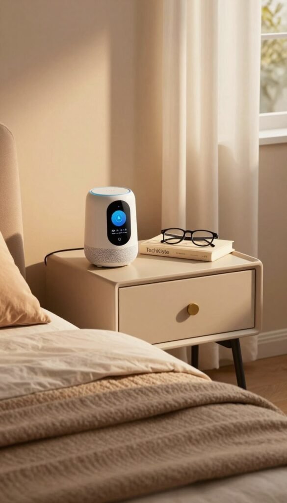 A cozy, modern bedroom setting featuring a bedside table with a sleek smart speaker device labeled "TechKiste." In the foreground, soft textured bedding and a warm light illuminating the scene create an inviting atmosphere. The middle layer includes a stylish nightstand with practical items like a book and reading glasses, while a smart device displays a friendly interface for voice commands. The background showcases a softly lit window with sheer curtains, allowing warm, natural light to fill the space, enhancing the serene mood. The overall color palette should consist of warm tones, creating an authentic and Pinterest-inspired aesthetic. The composition should evoke a feeling of comfort and efficiency, perfect for illustrating the ease of daily routines facilitated by smart technology.