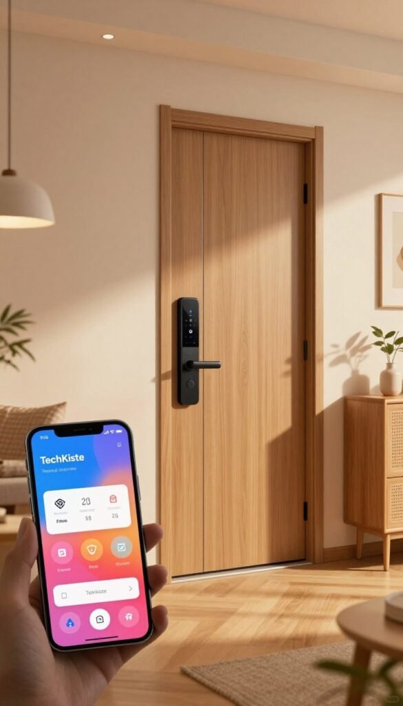 A cozy, modern home interior featuring a sleek smart door with a digital interface visible on a smartphone screen nearby, indicating the door's status. In the foreground, the smartphone displays a vibrant app interface labeled "TechKiste," showing options for unlocking and monitoring the door. In the middle ground, the smart door stands elegantly with soft wood finishes, integrated technology, and warm ambient lighting casting gentle shadows across the floor. In the background, a stylish living space with comfortable furniture and tasteful decor enhances the atmosphere of a smart home lifestyle. The scene should evoke a sense of security and convenience, using warm colors and a Pinterest-worthy aesthetic, creating an inviting and tech-savvy mood. A cozy, modern home interior featuring a sleek smart door with a digital interface visible on a smartphone screen nearby, indicating the door's status. In the foreground, the smartphone displays a vibrant app interface labeled "TechKiste," showing options for unlocking and monitoring the door. In the middle ground, the smart door stands elegantly with soft wood finishes, integrated technology, and warm ambient lighting casting gentle shadows across the floor. In the background, a stylish living space with comfortable furniture and tasteful decor enhances the atmosphere of a smart home lifestyle. The scene should evoke a sense of security and convenience, using warm colors and a Pinterest-worthy aesthetic, creating an inviting and tech-savvy mood.