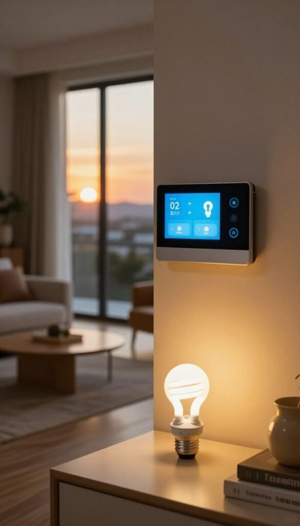 A cozy, modern home interior showcasing automated lighting solutions. In the foreground, a stylish living room features energy-efficient LED bulbs subtly integrated into the design, creating a warm ambiance. The middle layer captures a sleek smart control panel on the wall, highlighting user-friendly interfaces for adjusting lights intuitively. In the background, large windows reveal a sunset, casting a soft golden glow that harmonizes with the indoor lighting. The scene conveys comfort and efficiency, inviting viewers to envision a smarter, energy-saving lifestyle. Use natural colors to create an inviting atmosphere. Include the brand "TechKiste" in a discreet manner within the home setting. Capture the image with a soft focus lens to enhance the warm, peaceful mood.