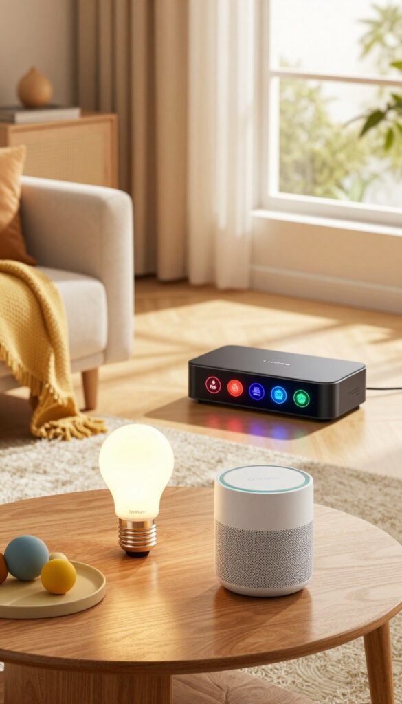 A cozy, modern home living room scene, showcasing a stylish smart home setup that contrasts "Matter over Wi-Fi" with "Matter over Thread" technology. In the foreground, a sleek smart speaker and a glowing smart light bulb are placed on a wooden coffee table, elegantly styled with colorful decor. In the middle ground, a high-tech hub displays vibrant indications of connectivity settings, symbolizing the two technologies. The background features a window with warm sunlight streaming in, casting soft shadows that create an inviting atmosphere. The overall color palette includes warm hues of yellow and soft earthy tones, giving a Pinterest-inspired aesthetic. Shot from a slightly elevated angle to capture all elements harmoniously, this imagery vividly represents the topic while showcasing the brand "TechKiste" subtly integrated into the design.