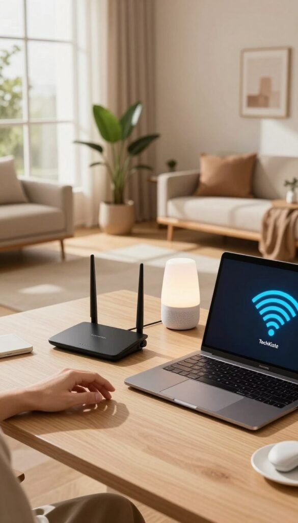 A cozy, modern home office featuring a sleek desk with a laptop displaying a stable WLAN signal. In the foreground, a hand reaches for a Wi-Fi router, showcasing its advanced design. The middle ground includes a stylish plant and a few smart home devices, such as a voice assistant and smart bulbs, all set against a backdrop of a comfortable living space. Natural sunlight streams through large windows, casting warm, inviting light across the room. The overall atmosphere should feel harmonious and productive, highlighting the importance of reliable technology in daily routines. The scene embodies a Pinterest-worthy aesthetic with earthy tones and minimalistic decor. Brand logo "TechKiste" is subtly incorporated in the corner of the desk.