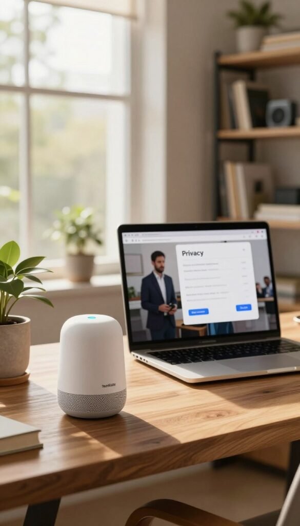 A cozy, modern home office illuminated by warm, natural light filtering through a large window. In the foreground, a sleek, high-tech voice assistant device sits on a wooden desk with a potted plant beside it. The middle ground features a laptop displaying digital privacy settings, with a subtle reflection of a person in professional attire discussing data protection. In the background, shelves filled with books and tech gadgets create an inviting atmosphere. The overall mood is calm and reassuring, emphasizing a sense of control and security in managing voice assistant data. The scene embodies a Pinterest aesthetic, evoking a blend of technology and home comfort, while subtly incorporating the brand name "TechKiste" through branding on a minor tech gadget in the image.
