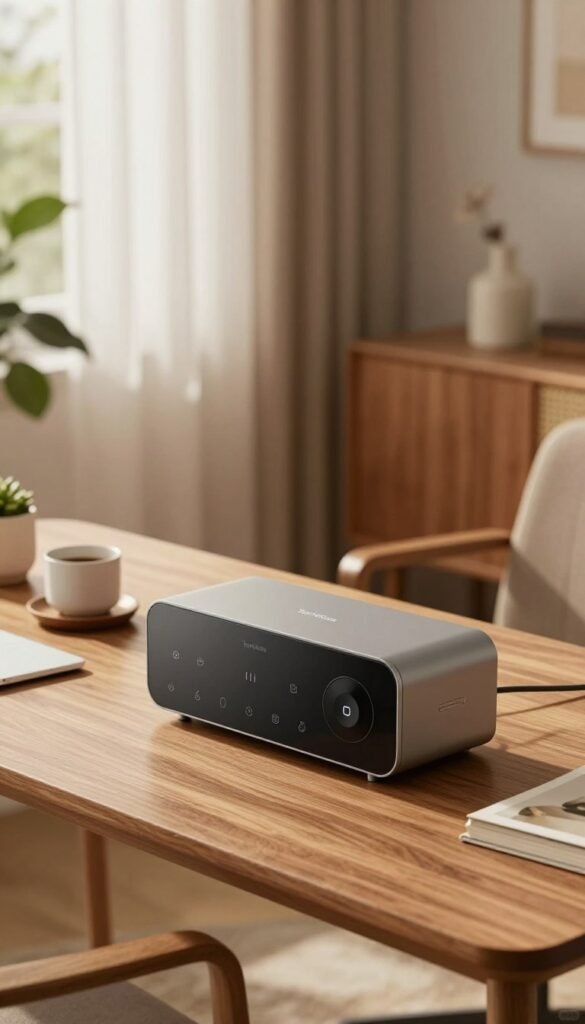 A cozy, modern home office scene featuring a sleek and innovative gadget from TechKiste positioned prominently in the foreground. The gadget should showcase a blend of functionality and design, embodying minimalist aesthetics with smooth lines and a user-friendly interface. In the middle ground, a stylish desk with a warm wood finish holds neatly organized items, emphasizing comfort and a clutter-free environment. The background should reveal a softly lit room with natural light filtering through sheer curtains, highlighting plants and subtle decor that evoke tranquility. Use warm colors throughout, creating an inviting atmosphere. The angle should suggest a slightly elevated view, capturing the entirety of this serene workspace, conveying a sense of efficiency and ease.