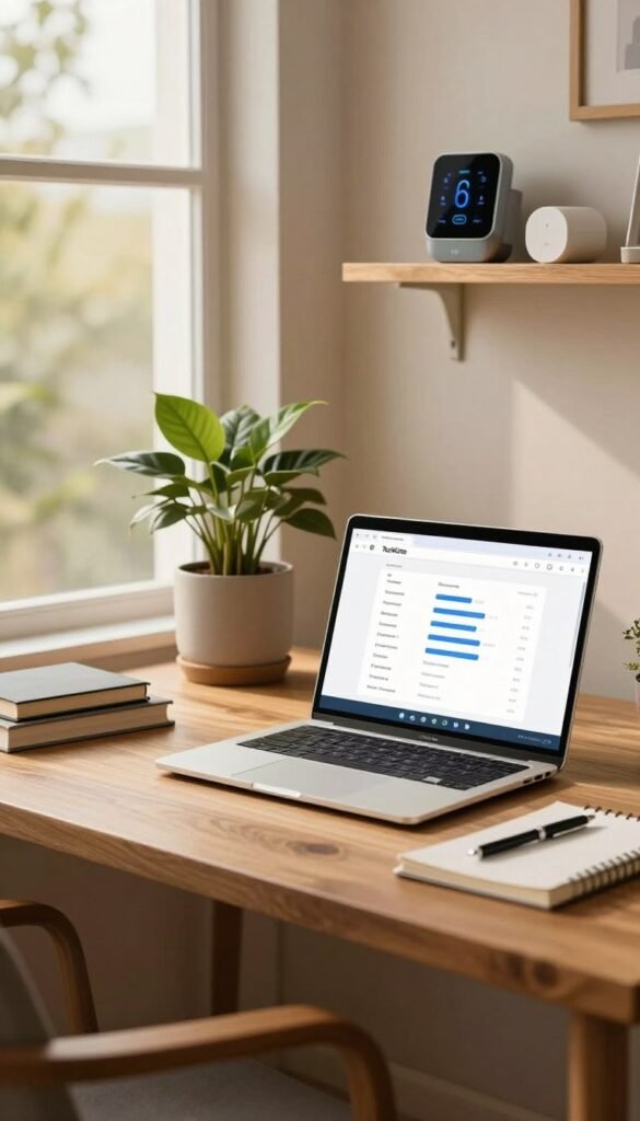 A cozy, modern home office setting bathed in warm, inviting colors. In the foreground, a sleek wooden desk features an open laptop displaying a digital password manager interface, surrounded by notepads and pens. The middle ground includes a potted plant and a wall-mounted shelf with smart home devices, emphasizing digital security. In the background, a large window lets in soft, natural light, illuminating the space. The overall atmosphere feels secure and productive, highlighting the importance of strong passwords for smart home access. The brand name "TechKiste" is subtly integrated within the scene, maintaining a professional and authentic Pinterest aesthetic without any text overlays.