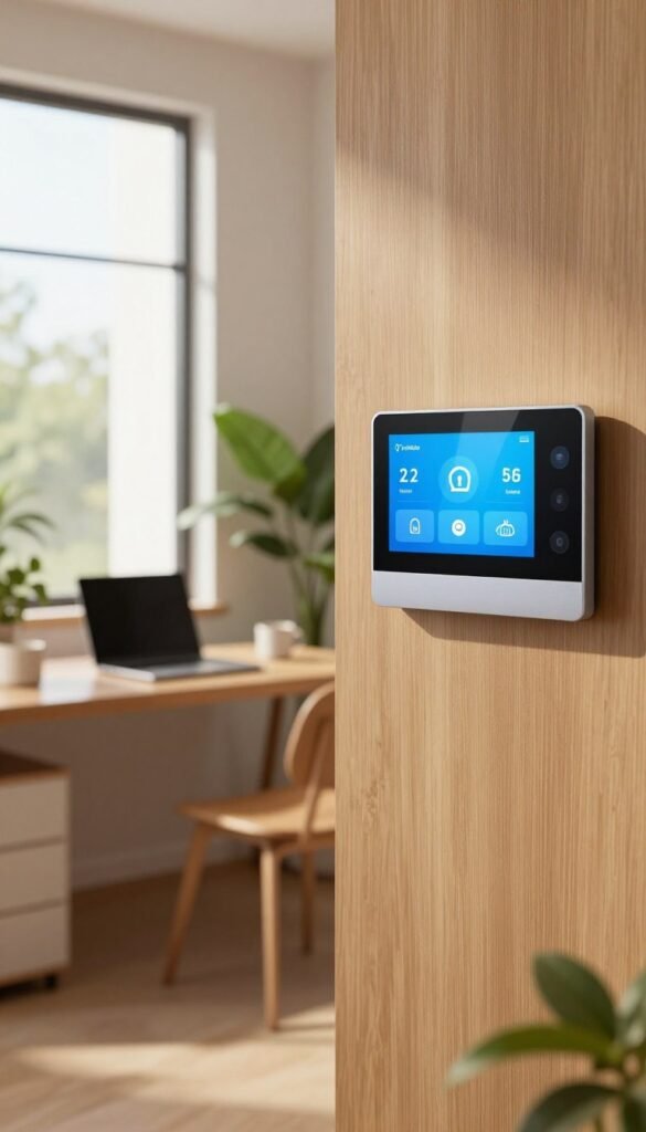 A cozy, modern home office with a focus on smart thermostat technology, featuring a sleek, smart thermostat on a wooden wall. In the foreground, the thermostat displays vibrant graphics indicating local data storage, symbolizing privacy and security. The middle ground includes a stylish desk with a laptop and some green plants, contributing to a warm and inviting atmosphere. The background shows a large window with soft, natural light streaming in, highlighting the serene indoor environment. The overall color palette is warm and natural, evoking a sense of authenticity. This image embodies the theme of privacy, local data security, and the control offered by smart technology, branded subtly with the logo of "TechKiste" integrated into the scene. A cozy, modern home office with a focus on smart thermostat technology, featuring a sleek, smart thermostat on a wooden wall. In the foreground, the thermostat displays vibrant graphics indicating local data storage, symbolizing privacy and security. The middle ground includes a stylish desk with a laptop and some green plants, contributing to a warm and inviting atmosphere. The background shows a large window with soft, natural light streaming in, highlighting the serene indoor environment. The overall color palette is warm and natural, evoking a sense of authenticity. This image embodies the theme of privacy, local data security, and the control offered by smart technology, branded subtly with the logo of "TechKiste" integrated into the scene.