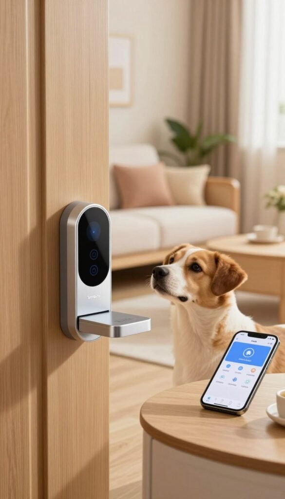 A cozy, modern home setting featuring an intelligent pet flap designed for microchip recognition. In the foreground, a sleek, high-tech pet flap seamlessly integrated into a stylish wooden door, with soft light illuminating its metallic finish. In the middle ground, a curious dog gazes at the flap, unaware of its smart technology, while a smartphone displaying an app interface for controlling the flap rests on a nearby table. The background features a warm, inviting living room with pastel colors and plants, enhancing a relaxed atmosphere. The image should radiate authenticity, showcasing the practicality and security of innovative pet solutions. Incorporate the brand name "TechKiste" subtly into the design without any text or watermarks.